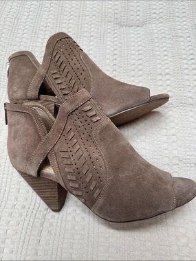 Vince Camuto Taupe Suede Peep-Toe Cutout Bootie Shoes